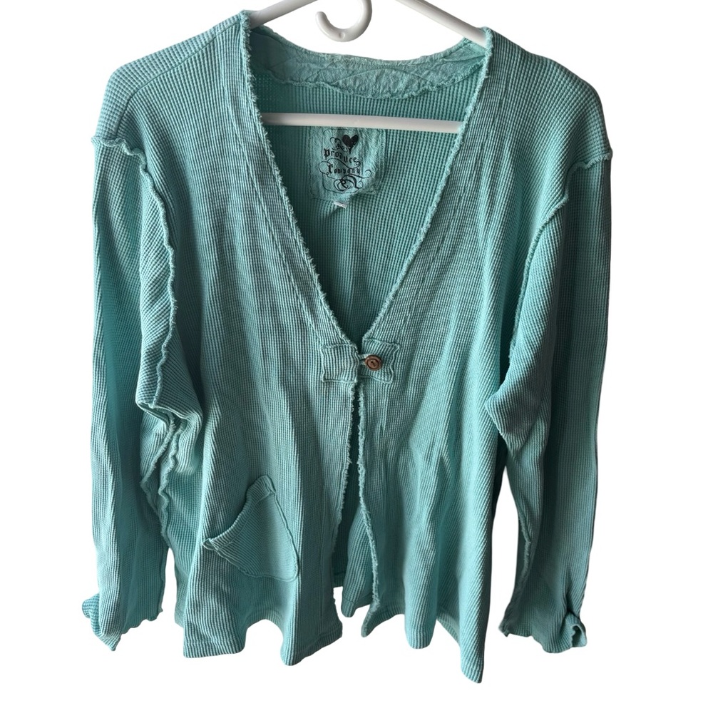 The Produce Company Elegant Aqua Cardigan with Button Detail Waffle Knit